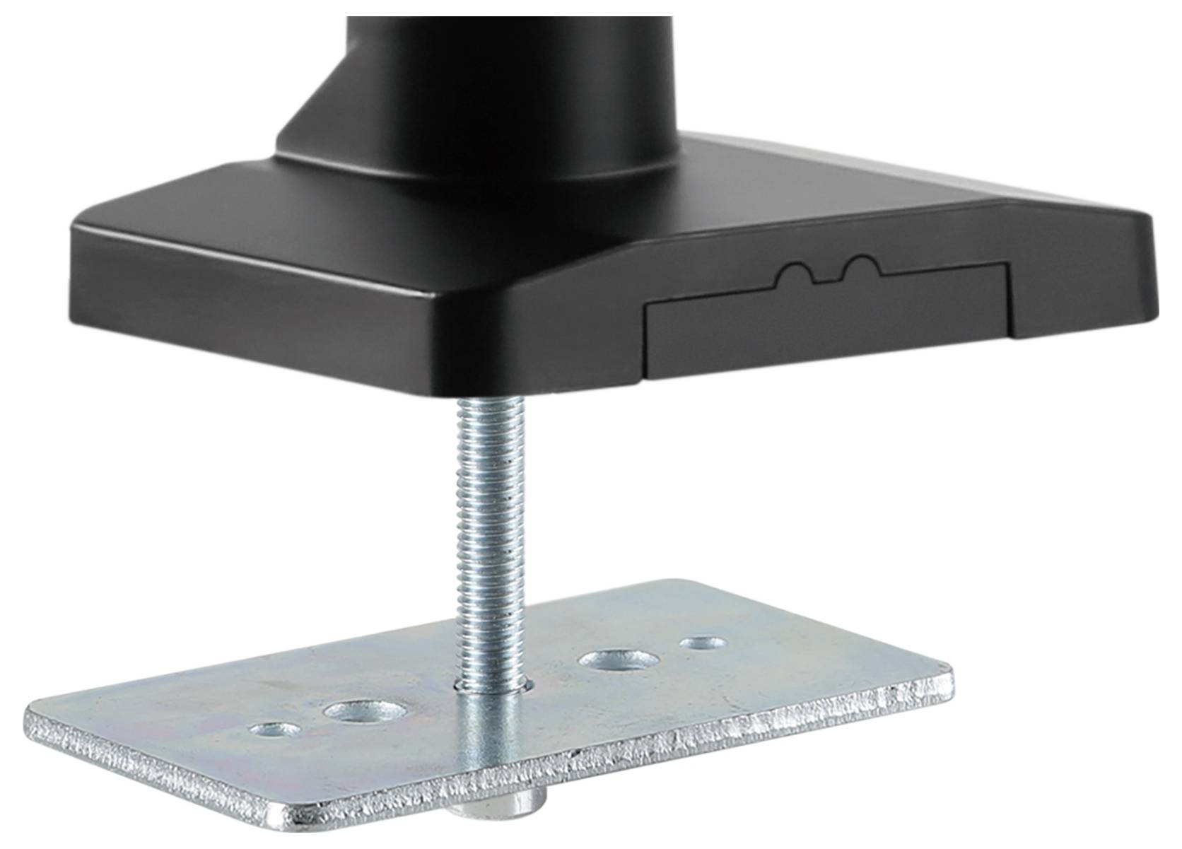 Schwarz lackiertes Metallteil mit Schraubmechanismus und rechteckiger Stützplatte. Geeignet zur Befestigung oder Stabilisierung von Strukturen.