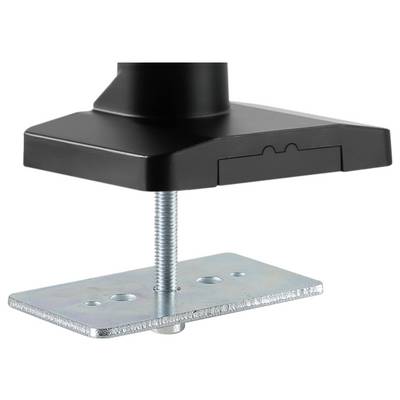 Schwarz lackiertes Metallteil mit Schraubmechanismus und rechteckiger Stützplatte. Geeignet zur Befestigung oder Stabilisierung von Strukturen.