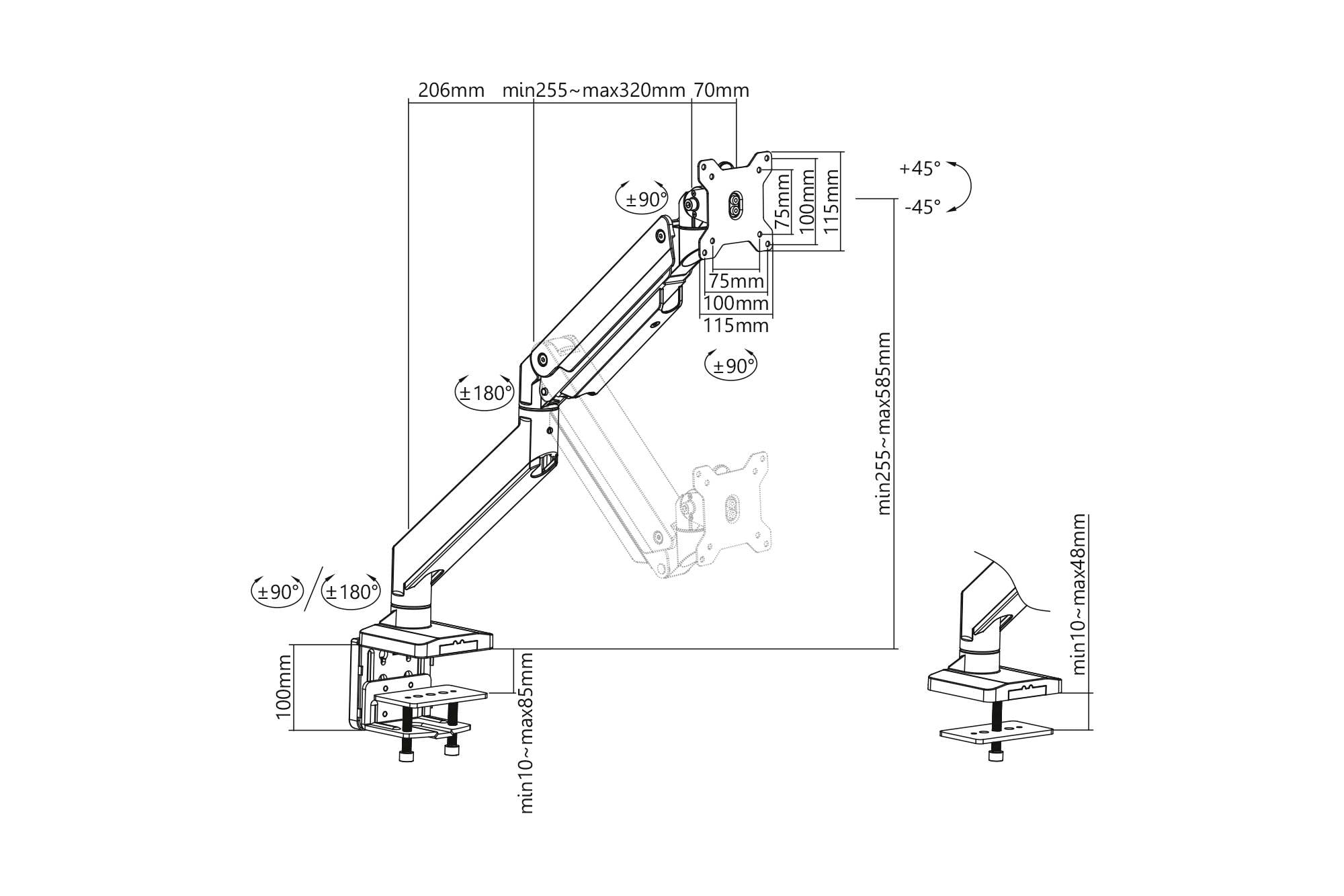 'Skizze des Monitorarms mit Maßen: max. Höhe 620mm, min. Höhe 100mm, max. 585mm ausziehbar. Dreht sich um ±90°, neigt sich um ±45°.'
