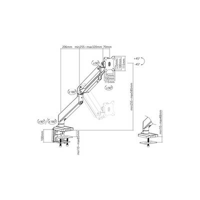 'Skizze des Monitorarms mit Maßen: max. Höhe 620mm, min. Höhe 100mm, max. 585mm ausziehbar. Dreht sich um ±90°, neigt sich um ±45°.'