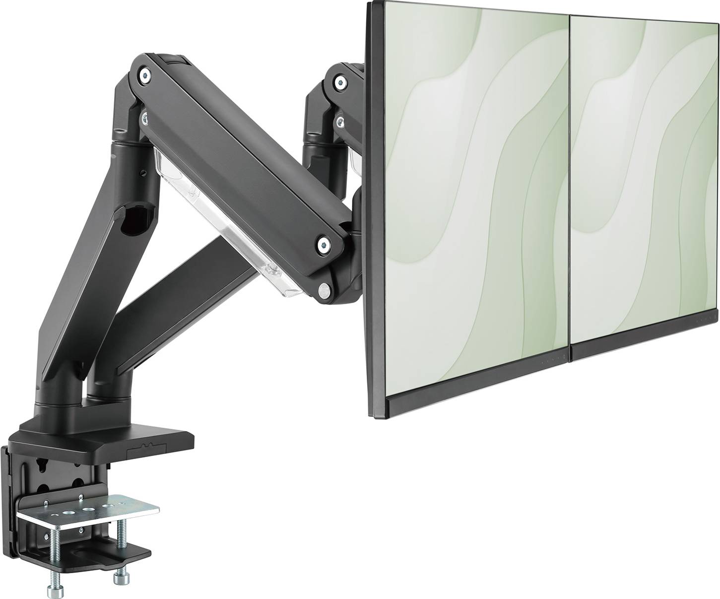 Ein schwarzer Dual-Monitorarm ist an einem Tisch befestigt und hält zwei Bildschirme mit grünen, wellenförmigen Mustern.