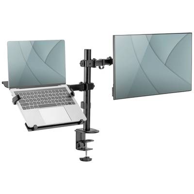 Ein doppelter Monitorhalter mit einem Laptophalter links und einem Monitorhalter rechts, montiert an einem gemeinsamen Stab.