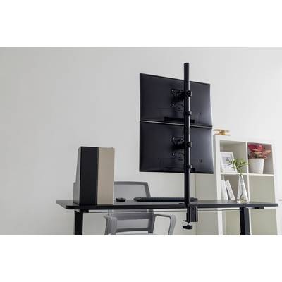 Moderner Schreibtisch mit zwei Monitoren in vertikaler Halterung, Tastatur, kreativem Aktenschrank und Regal mit Pflanzen im Hintergrund.