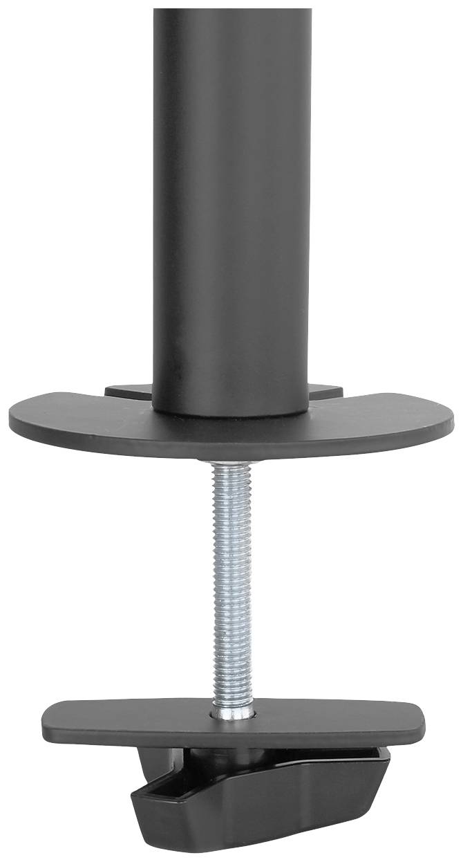 Eine schwarze Schraubzwinge zur Befestigung an einer Tischplatte. Sie hat eine Stange, die durch eine Platte verläuft, mit einer Verstellschraube darunter.