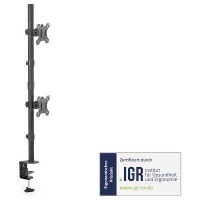 Ein ergonomisches Produkt mit doppelter Monitorhalterung, zertifiziert durch das 'Institut für Gesundheit und Ergonomie'.