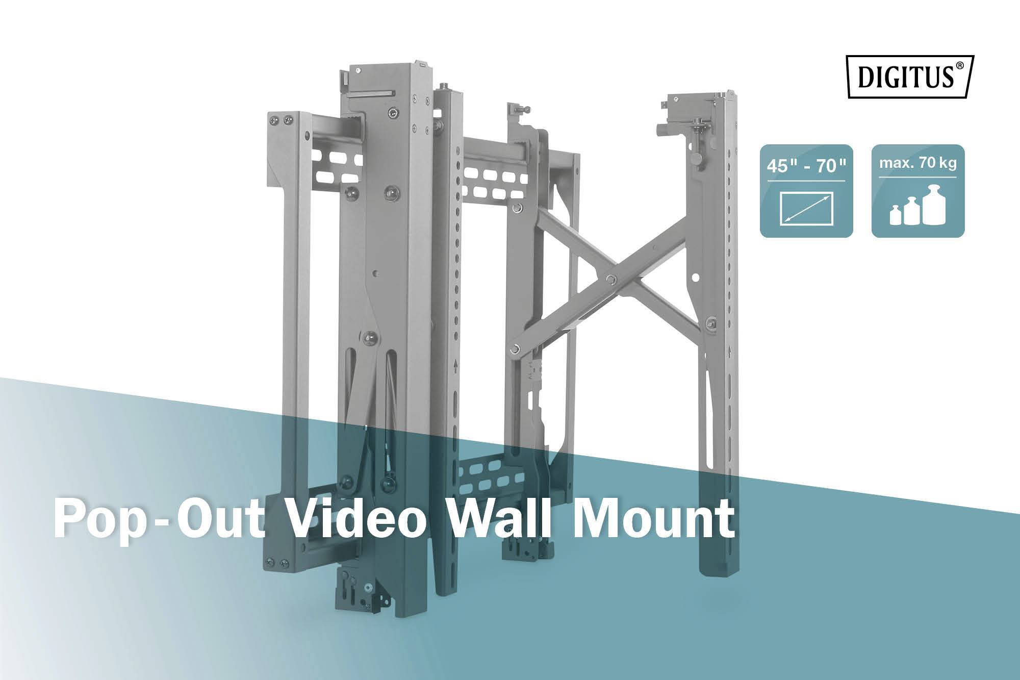 'Digitus Pop-Out Video Wall Mount': Wandhalterung für 45"-70" Bildschirme, unterstützt bis zu 70 kg, mit vorstehendem Mechanismus.