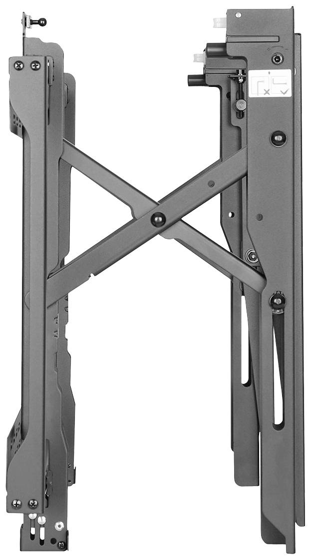 Bürostuhlmechanismus in grauer Metallstruktur, seitliche Ansicht mit sichtbaren Hebeln und Schrauben, zur Höhenverstellung und Rückenlehne.