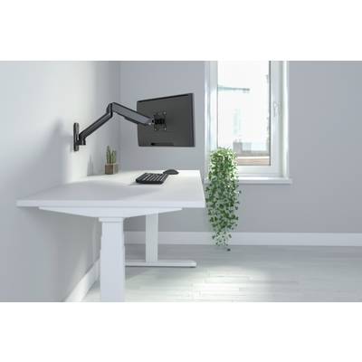 Minimalistisches Büro mit weißem Schreibtisch, Monitor an einer Halterung, Tastatur, Kakteen-Topfpflanze und hellem Fenster.
