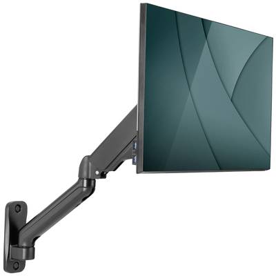 Ein schwarzer Monitorarm an der Wand hält einen Monitor in einem modernen Design. Der Monitor zeigt ein abstraktes Muster in Grün.