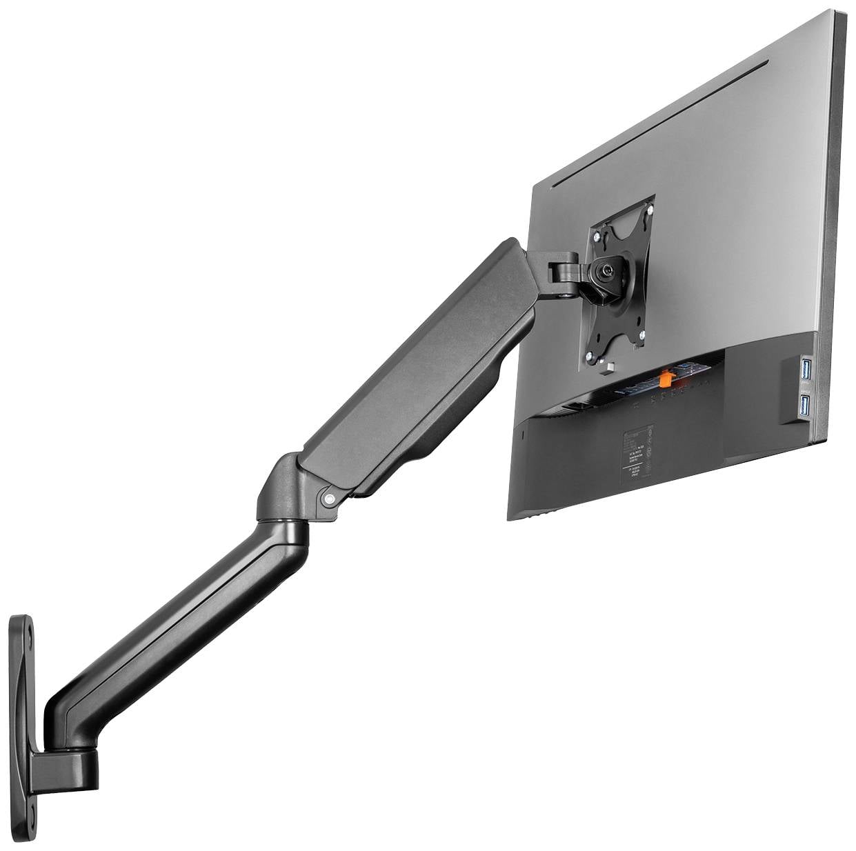 Ein schwarzer Monitorarm hält einen Flachbildschirm. Der Arm ist an einer Wandhalterung befestigt und ermöglicht flexible Positionierung.