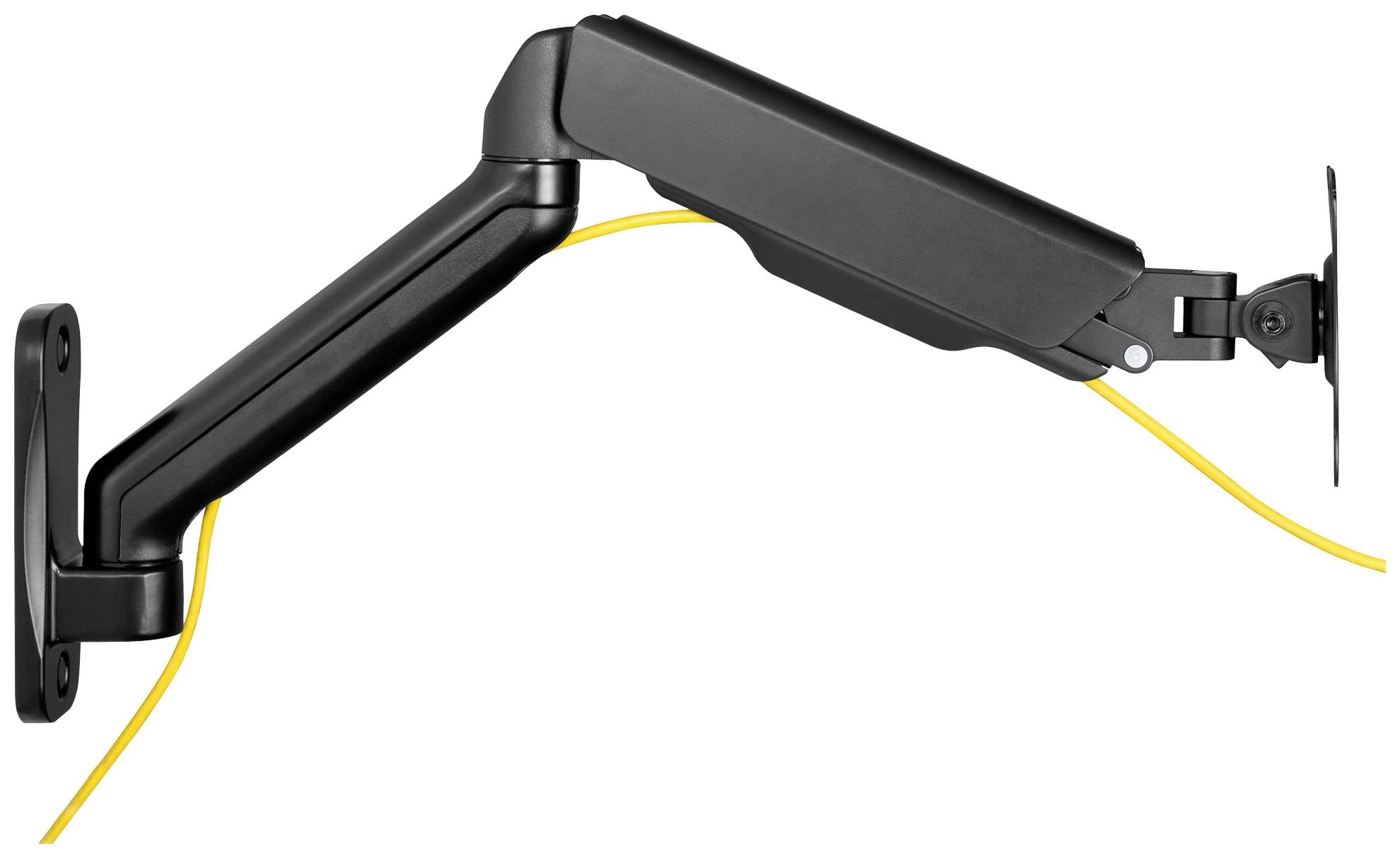 Schwarz lackierter Monitorarm mit gelbem Kabel, an einer Wand montiert. Der Arm ist voll beweglich und ermöglicht flexible Einstellung.