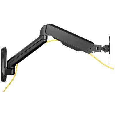 Schwarz lackierter Monitorarm mit gelbem Kabel, an einer Wand montiert. Der Arm ist voll beweglich und ermöglicht flexible Einstellung.