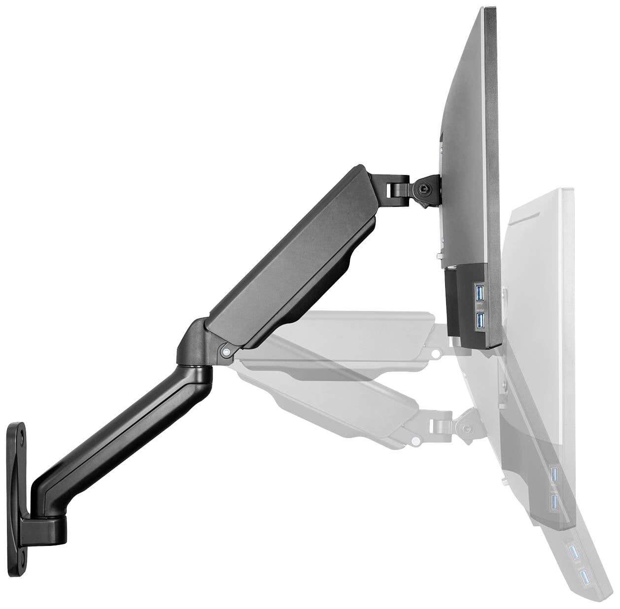 Seitenansicht eines verstellbaren Wand-Monitorarms mit mehrerer Neigungspositionen. Der Monitor ist in verschiedenen Höhen abgebildet.