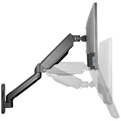 Seitenansicht eines verstellbaren Wand-Monitorarms mit mehrerer Neigungspositionen. Der Monitor ist in verschiedenen Höhen abgebildet.