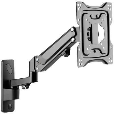 Schwarzer, verstellbarer Monitorarm aus Metall, an einer Wandhalterung montiert. Geeignet für das Anbringen eines Flachbildschirms.