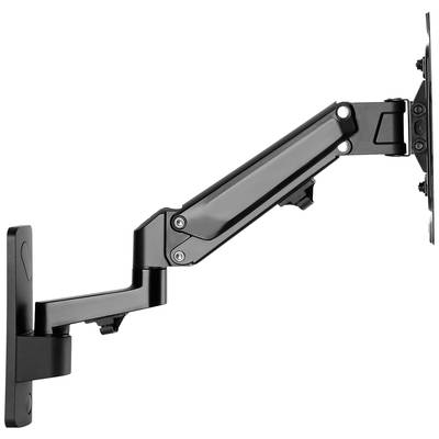 Verstellbarer Monitorarm aus schwarzem Metall, an der Wand befestigt, für flexible Bildschirmpositionierung.