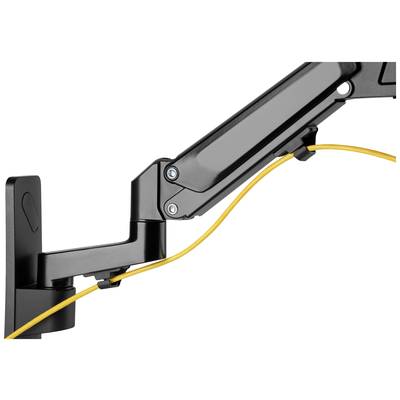 Schwarzer Monitorarm mit gelbem Kabel geführt entlang der Armstruktur.