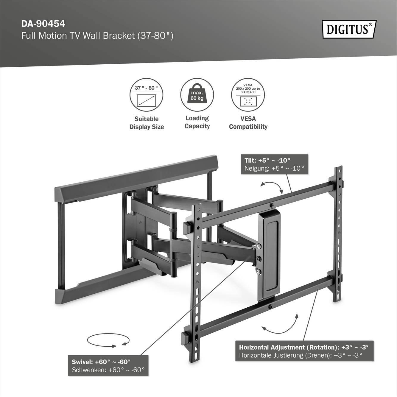'DA-90454 Full Motion TV Wall Bracket' für TVs 37-80 Zoll, maximale Belastung 60 kg, neigbar, schwenkbar, VESA-kompatibel.