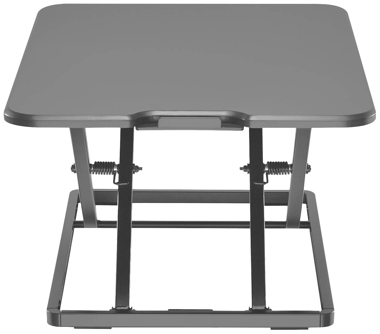 Ein quadratischer, höhenverstellbarer Tischaufsatz, ideal für Steh- oder Sitzarbeit am Schreibtisch, in grauer Farbe.