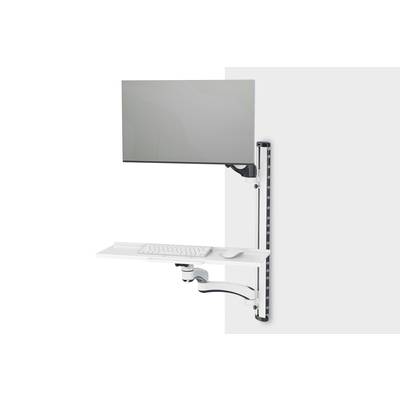 Ein Monitor mit Tastatur und Maus auf einer an der Wand montierten, verstellbaren Halterung. Ideal für stehende Arbeitsstationen.