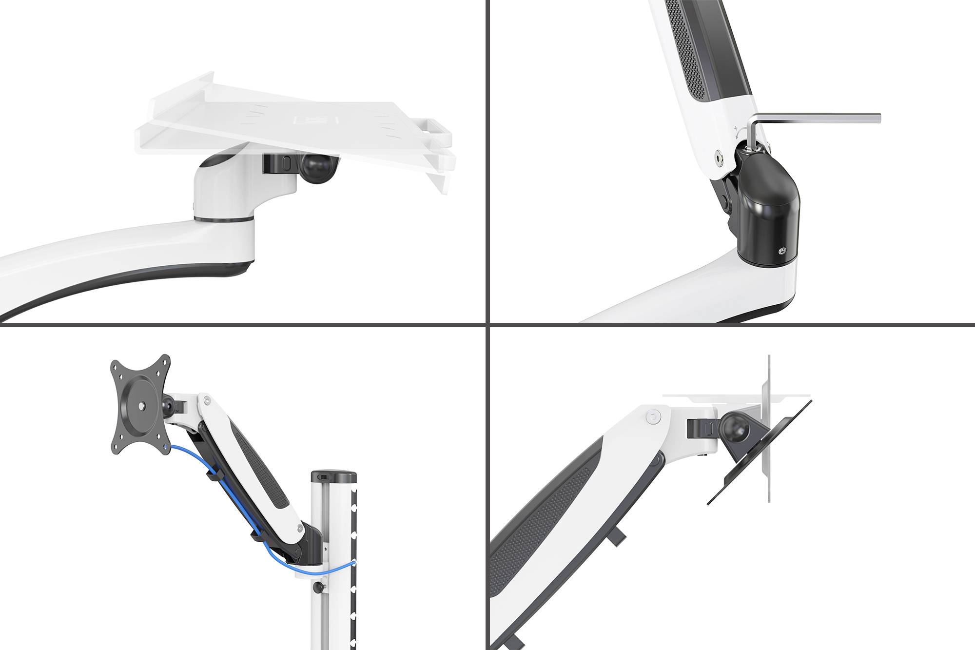'Vier Bilder eines verstellbaren Monitorarms aus verschiedenen Blickwinkeln; zeigt Gelenk- und Befestigungsdetails.'