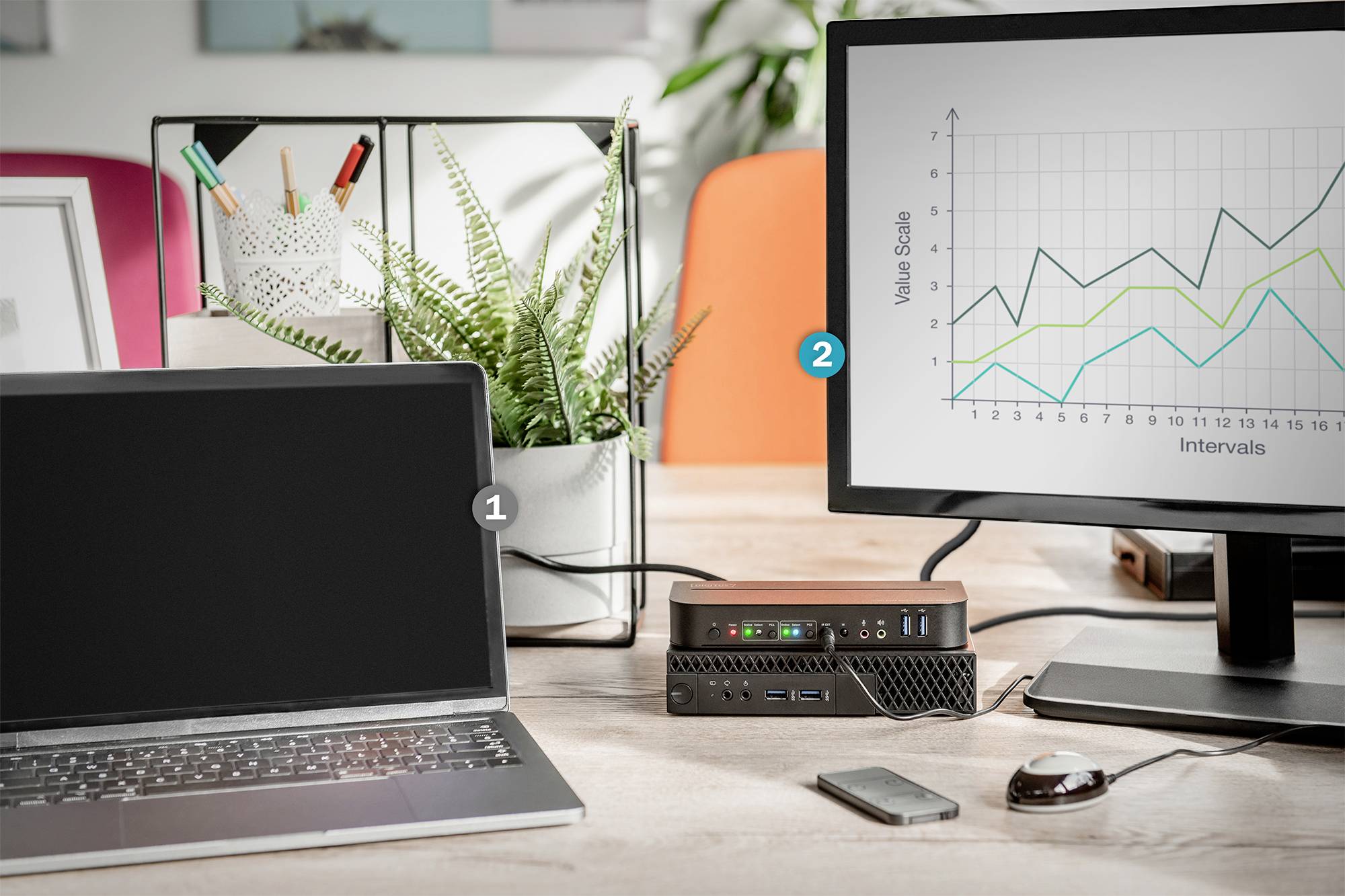 'Ein Laptop ist über eine Dockingstation mit einem Monitor verbunden. Der Monitor zeigt ein Liniendiagramm mit wachsenden Werten.'