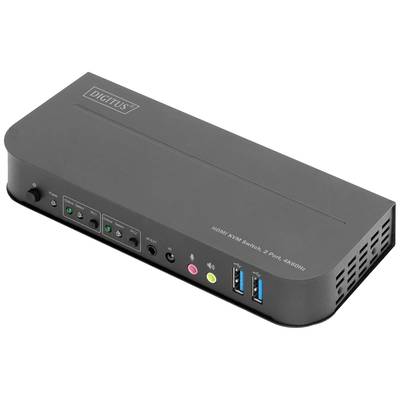 Schwarzer HDMI KVM Switch mit zwei Ports und 4K60Hz-Unterstützung, vorne mit Anschlüssen für Audio und USB, DigiTUS-Logo oben links.