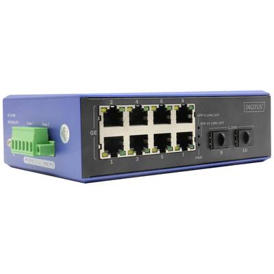 Industrieller Netzwerkswitch mit 8 Ethernet-Ports und 2 SFP-Slots, geeignet für Datenübertragung in rauen Umgebungen.