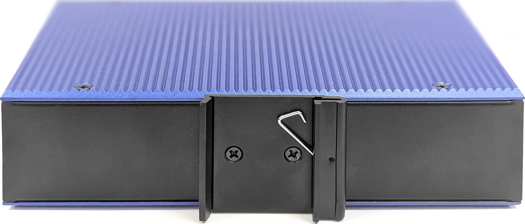 Blaues rechteckiges Gerät mit gerippter Oberfläche, schwarzer Vorderseite und zentralem Clip-Mechanismus.