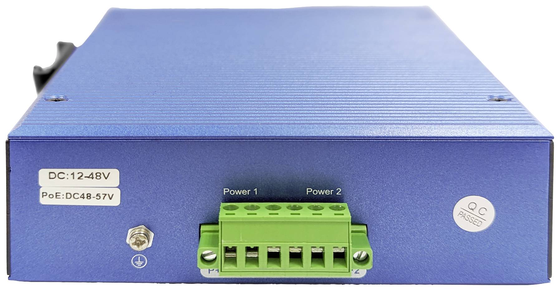 Blaues elektrisches Gerät mit grüner Anschlussleiste 'Power 1' und 'Power 2'. Aufkleber zeigt 'DC: 12-48V'.