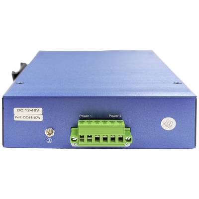 Blaues elektrisches Gerät mit grüner Anschlussleiste 'Power 1' und 'Power 2'. Aufkleber zeigt 'DC: 12-48V'.