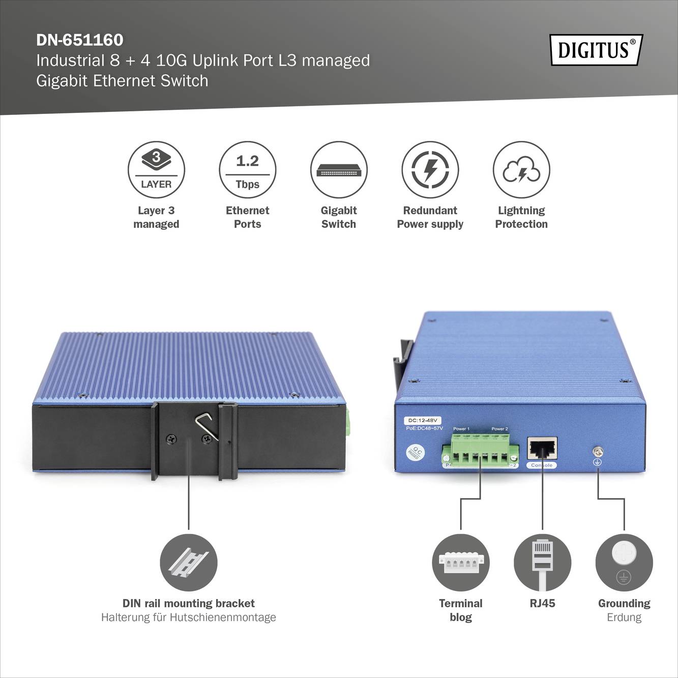 'Industrieller Gigabit Ethernet Switch mit 8+4 10G Uplink Ports, L3-Management, redundanter Stromversorgung und Blitzschutz.'