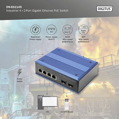 Industrieller PoE-Switch mit 6 Ports. Unterstützt Gigabit Ethernet. Gehäuse mit RJ45 und SFP-Modul-Anschlüssen. Geeignet für robusten Einsatz.