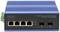 Ein blauer Industrial 4+2-Port Gigabit Ethernet PoE Switch mit sechs Netzwerkanschlüssen. Zwei SFP-Ports liegen rechts.