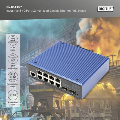 'Industrieller 8+2-Port L2 verwalteter Gigabit Ethernet PoE Switch, geschützt gegen ESD, Temperaturbereich -40°/+80°, IP40.'