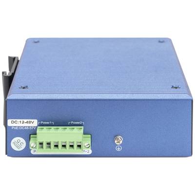 Ein blaues, rechteckiges technisches Gerät mit Anschlüssen und grünen Ausgangssteckern. Gekennzeichnet mit 'DC:12-48V' und 'PoE:DC 48-57V'.