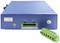 Blauer Spannungswandler mit grünen Anschlussklemmen für DC 12-48V und PoE DC 48-57V. Zeigt zwei Power-Anschlüsse und Sicherheitslogo.