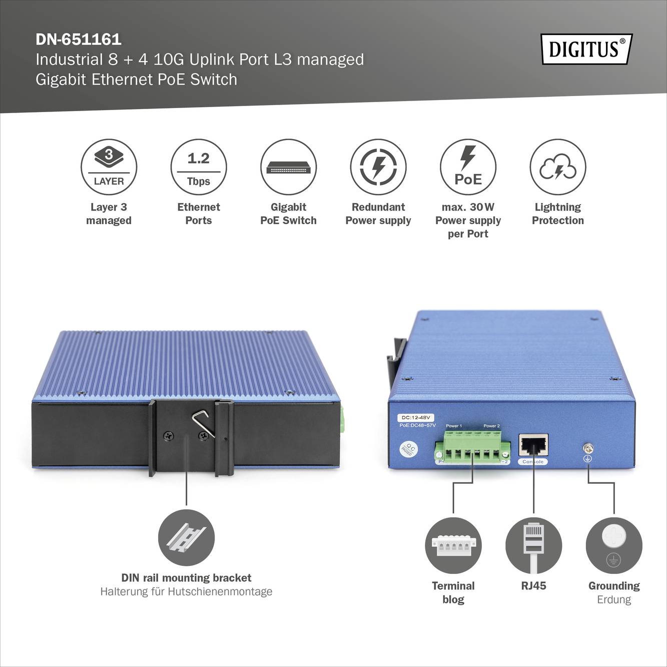 Industrieller 8+4 10G Uplink Port L3 Gigabit Ethernet PoE Switch. Unterstützt PoE, einfache Montage, diverse Anschlüsse für Nutzung.