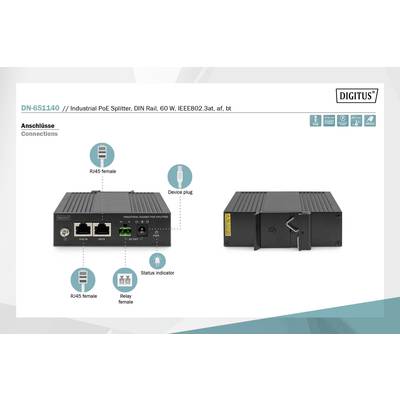 'DN-651140 Industrial PoE Splitter, DIN-Rail 60W IEEE802.3at' wird mit Anschlüssen und Statusanzeige gezeigt. Links RJ45-Ports.