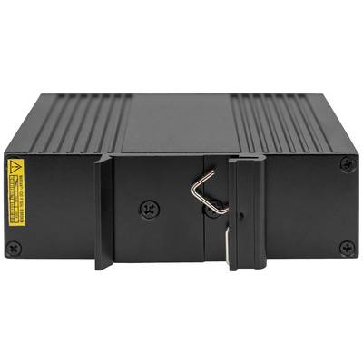 Ein schwarzes, rechteckiges technisches Gerät mit Metallgehäuse und Warnetikett. Vorderseite hat eine abnehmbare Platte mit Verriegelung.
