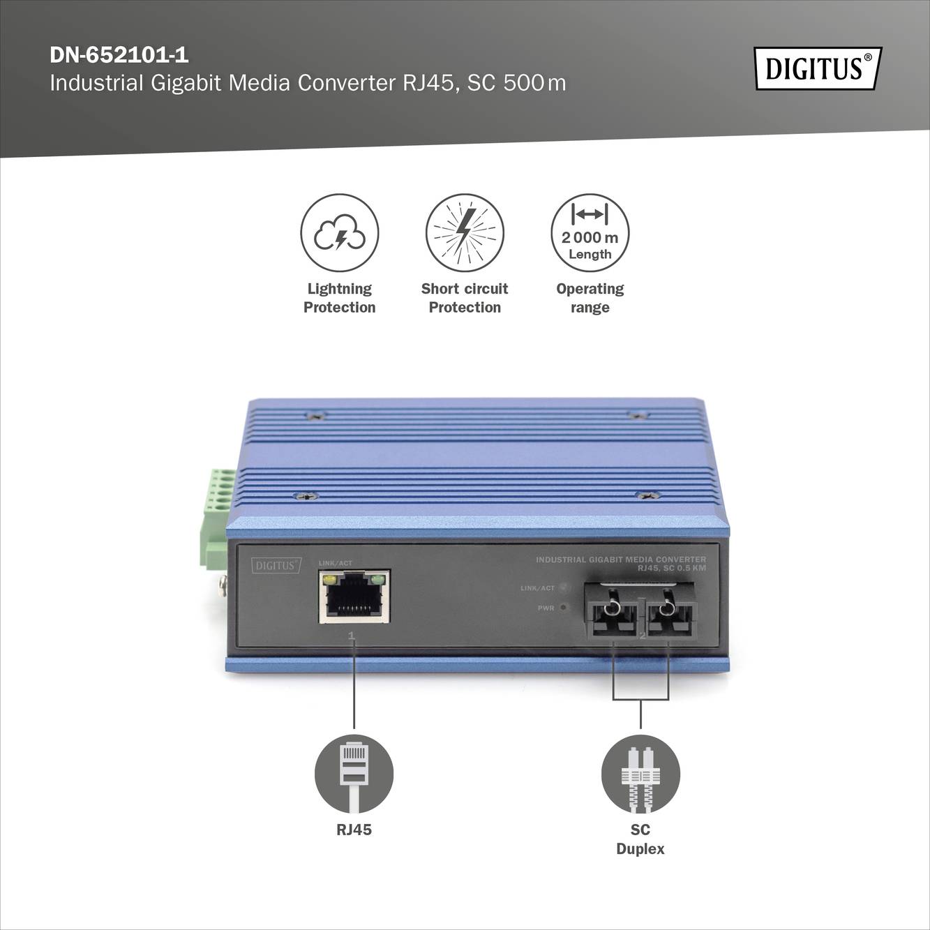 'Industrial Gigabit Media Converter RJ45' mit RJ45- und SC-Anschlüssen, Schutz gegen Überspannung und Kurzschluss, Reichweite bis 2000 m.