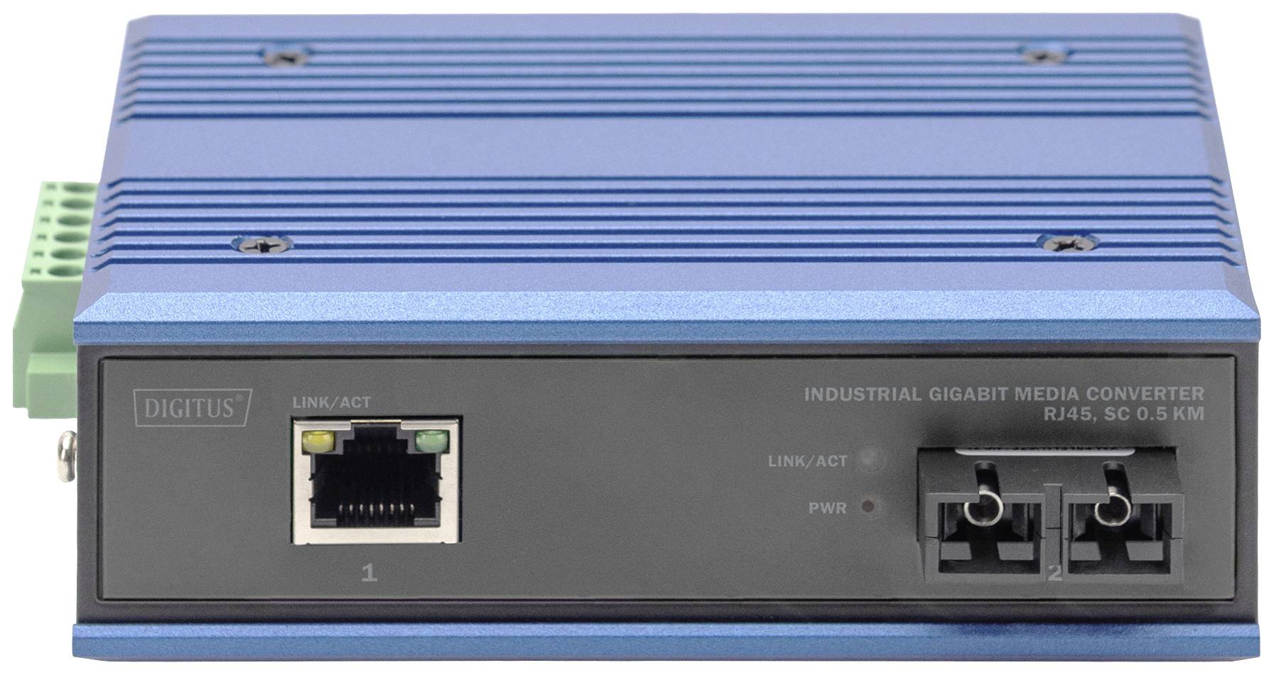 Industrieller Gigabit-Medienkonverter mit RJ45- und SC-Anschlüssen, blaue Metallhülle, geeignet für Datenübertragung über 0,5 km.