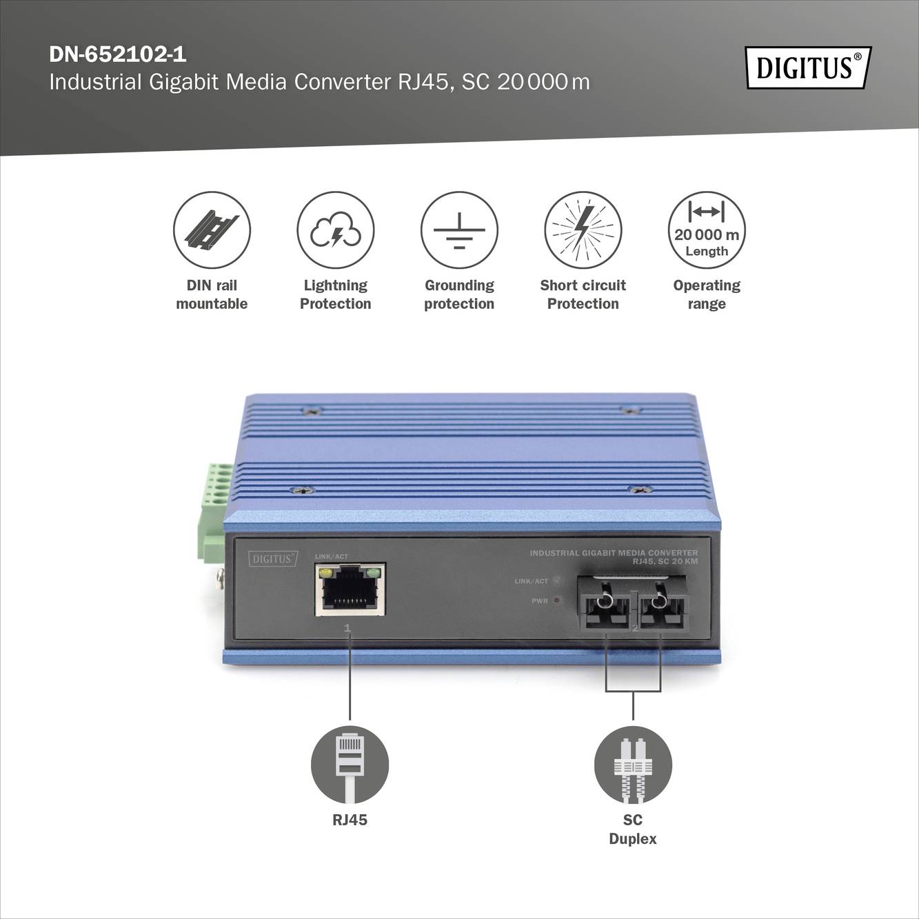 'Industrieller Gigabit Medienkonverter RJ45, SC 20000m' von DIGITUS mit Gehäuse, Ethernet RJ45-Port und SC-Duplex-Anschluss.
