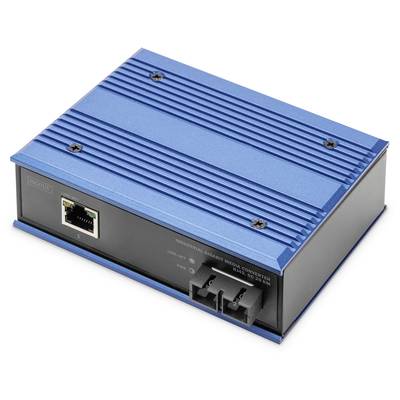 Blauer industrieller Medienkonverter mit Metallgehäuse, Ethernet- und Glasfaseranschluss auf der Vorderseite.