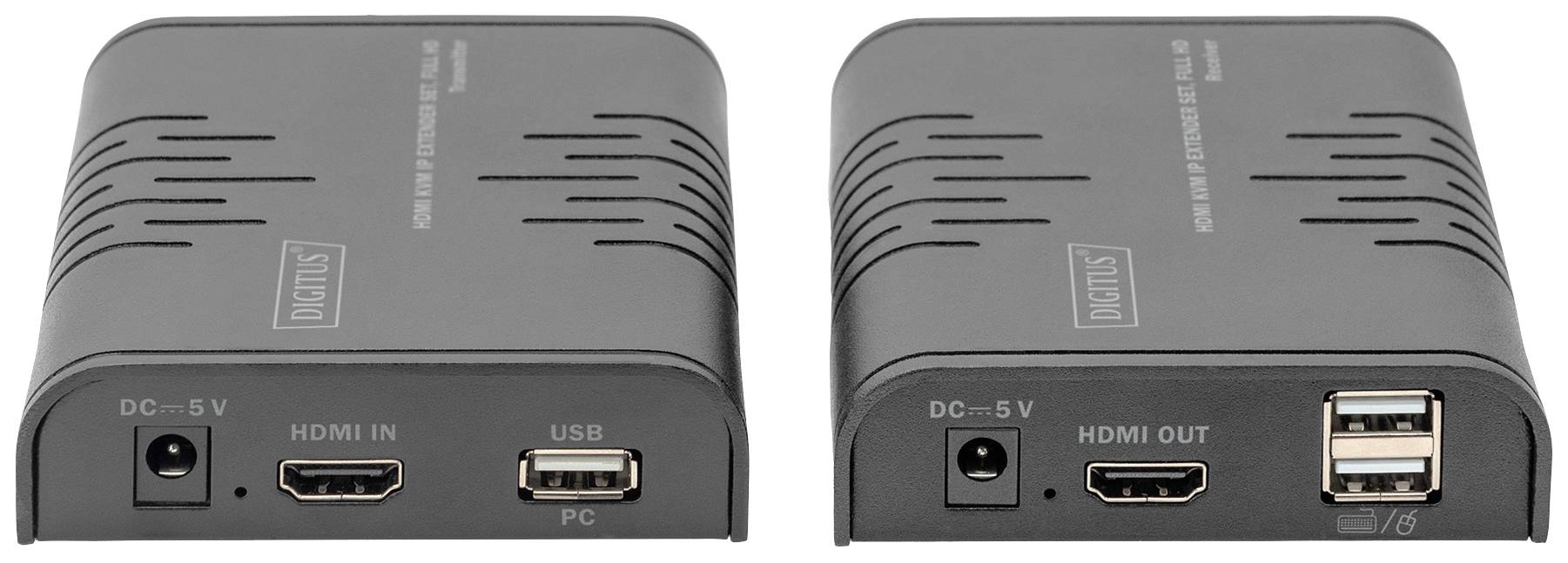 Zwei schwarze HDMI-Verlängerungsgeräte, eins mit 'HDMI IN', USB und Stromanschluss, das andere mit 'HDMI OUT', USB und Stromanschluss.