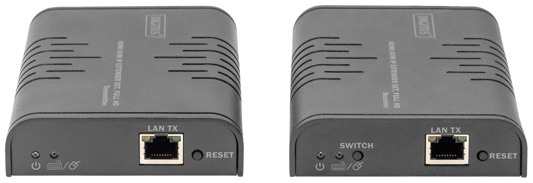 Zwei schwarze Netzwerkgeräte nebeneinander, jeweils mit LAN-Ports und Reset-Tasten; sie dienen zur Datenübertragung im Netzwerk.