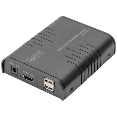 Ein schwarzer HDMI KVM Extender mit zwei USB-Anschlüssen, einer HDMI-Buchse und einem Stromanschluss. Beschriftet mit 'DIGITUS'.