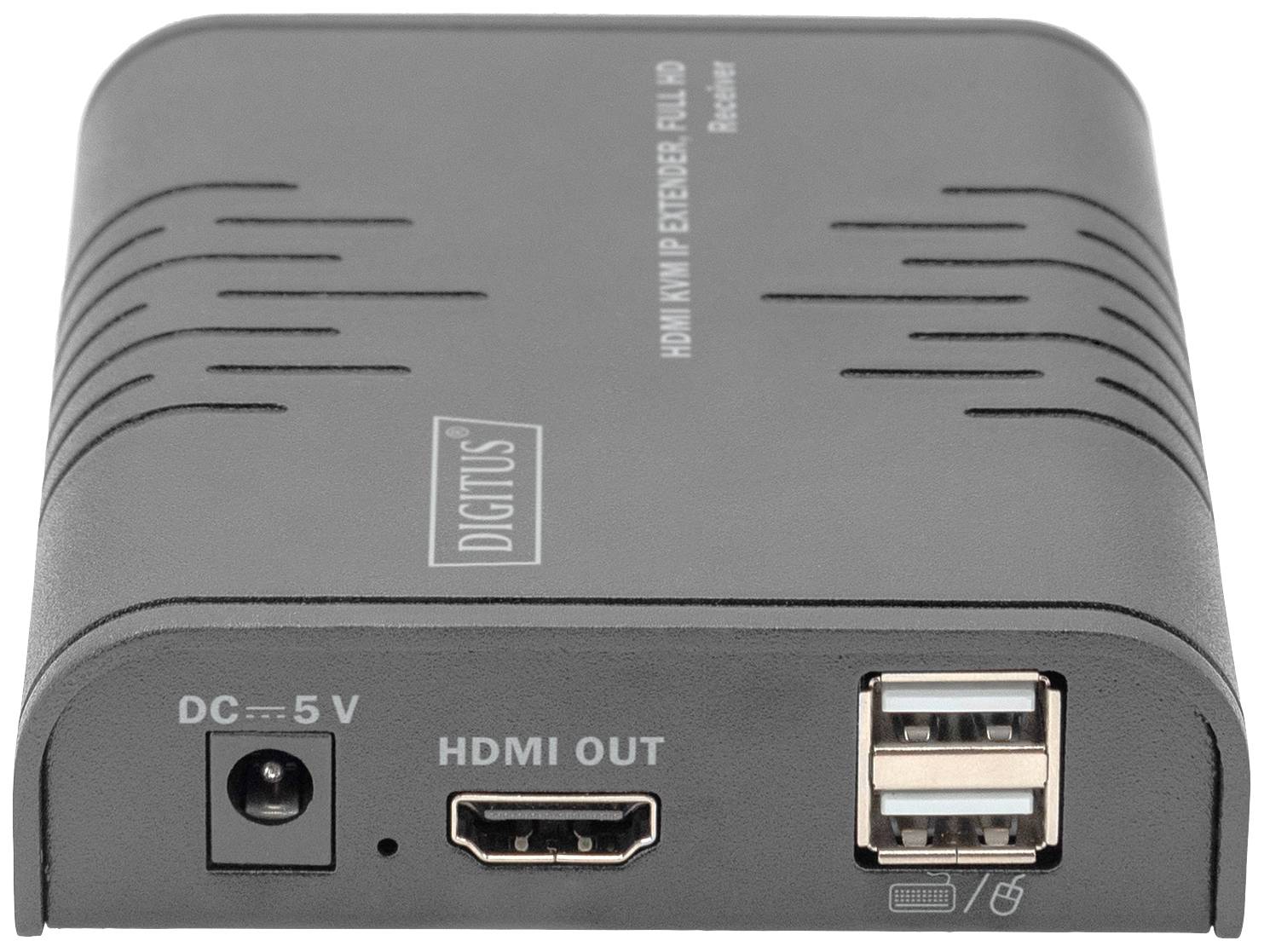 Grau-schwarzer HDMI-Extender mit USB-Ports und HDMI-Ausgang. Aufschrift: 'DIGITUS'. Vorderseite mit Anschlüssen sichtbar.