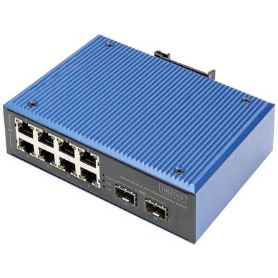 Blauer 12-Port Ethernet-Switch mit Kühlrippen auf der Oberseite, zwei SFP-Slots und rutschfesten Gummifüßen zur Stabilisierung.