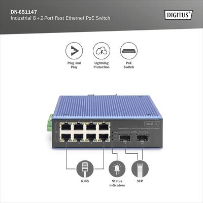'Industrieller 8+2-Port Fast Ethernet PoE Switch. Enthält RJ45-Ports, Statusanzeigen und SFP-Anschlüsse. Bietet Plug-and-Play, Blitzschutz und PoE.'